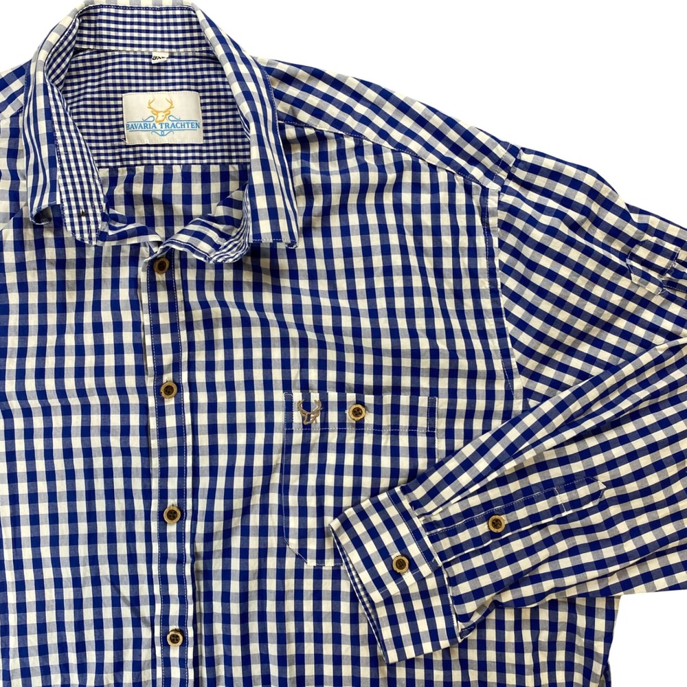 Bavaria Trachten Mens 3XL Blue Gingham Oktoberfest Roll Tab Sleeve Shirt